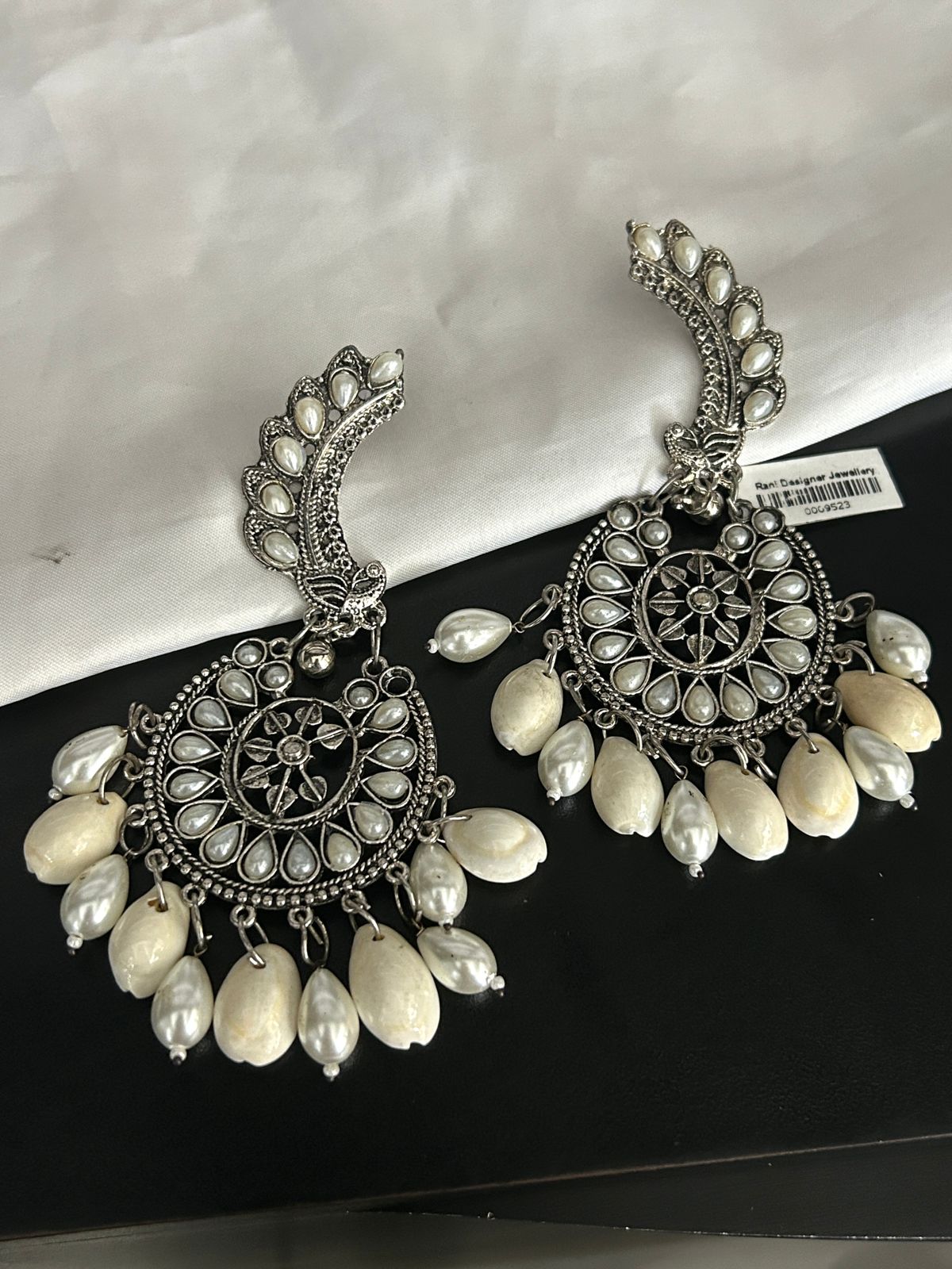 Oxidized Peacock Design Earrings with White Pearls